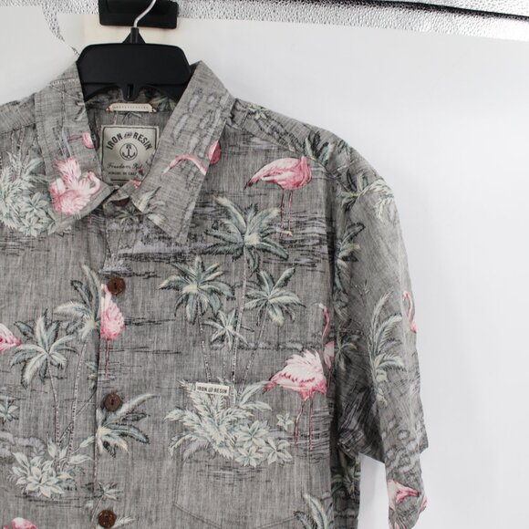 Iron and Resin Shirt Men's Large Button Up Flamingo tropical palm Reverse Print - Picture 3 of 12